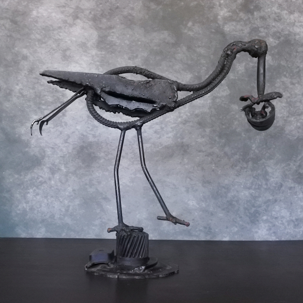 Vintage Signed C. M. Wilson Metal Stork & Baby Metal Assemblage Art Sculpture